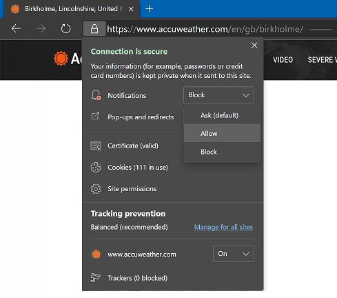 Check Edge notification settings from the site information menu next to the address bar