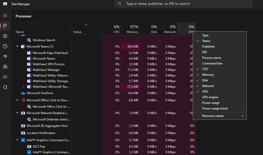 Check GPU usage per app: right-click a Task Manager column header and add GPU