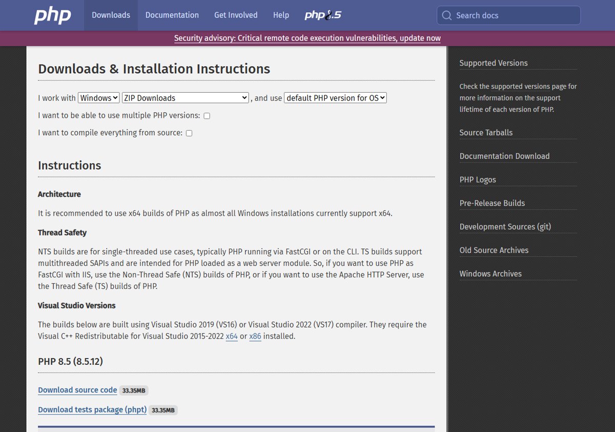 Check PHP version against the php.net downloads page showing PHP 8.5.12