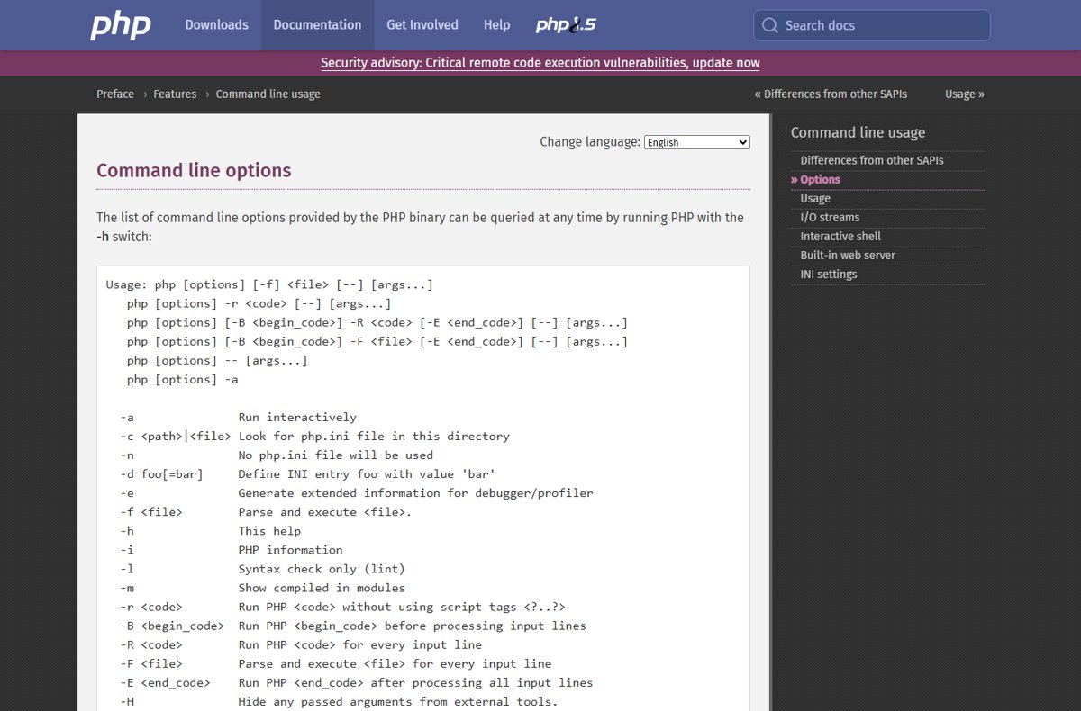 Check PHP version in cmd with the PHP command line options list