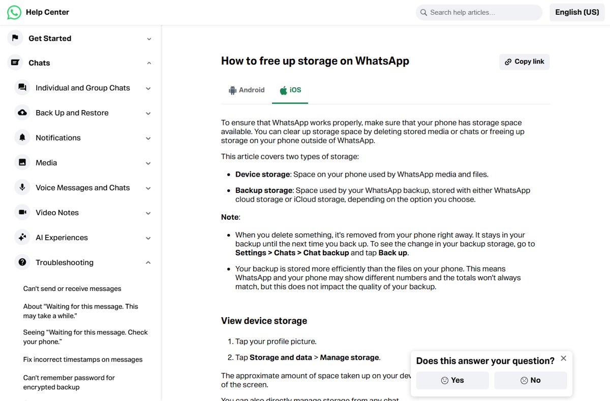 Check WhatsApp storage on iPhone using the WhatsApp Help Center storage steps