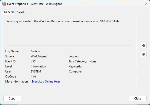 Check WinRE version in Event Viewer with WinREAgent event ID 4501