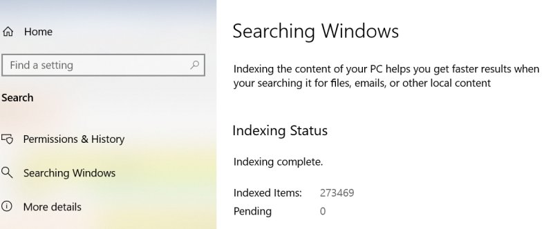 Check Windows Search indexing status shows indexing complete with indexed items count