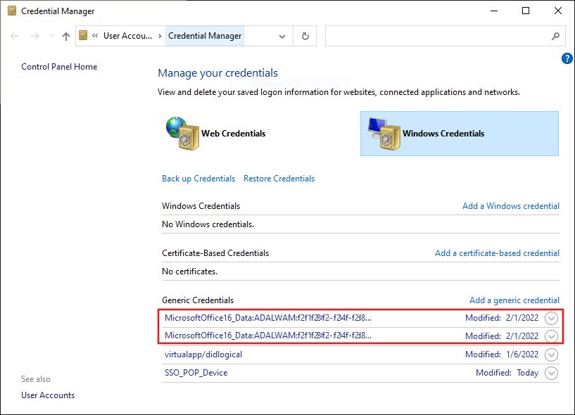 Check a saved credential in Credential Manager under Generic Credentials