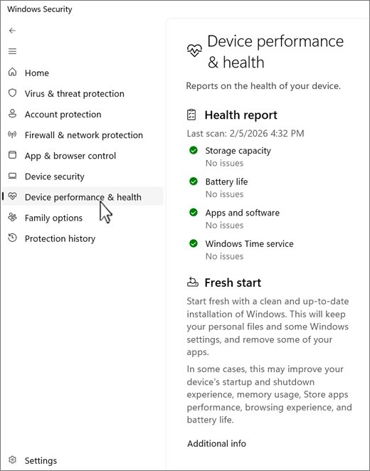 Check device health in Windows Security with the Device performance and health report
