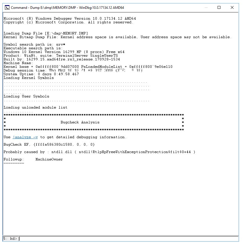 Check forced blue screen dump file by opening MEMORY.DMP in WinDbg
