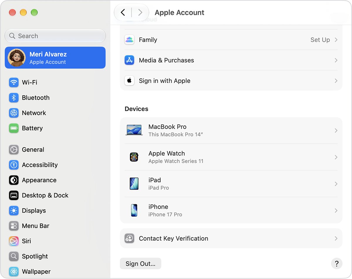 Check iCloud account security in the Mac System Settings Devices list