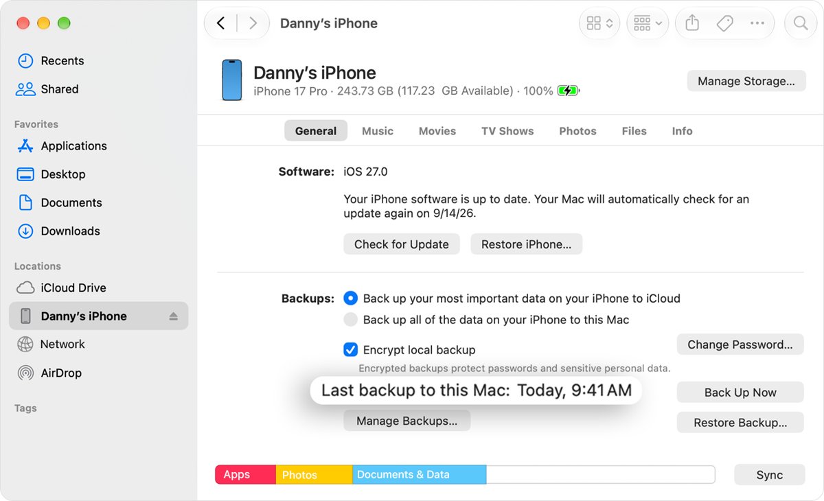 Check iPhone backup finished: last backup date and time in Finder