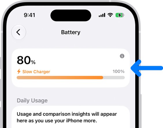 Check iPhone is charging in Settings Battery with Slow Charger message