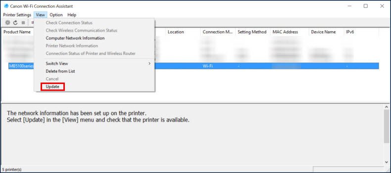 Check the Canon printer works with Update in the Connection Assistant View menu