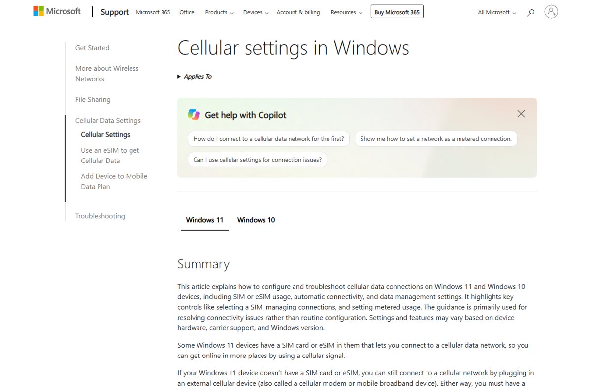 Check the laptop is using the SIM card in Cellular settings in Windows