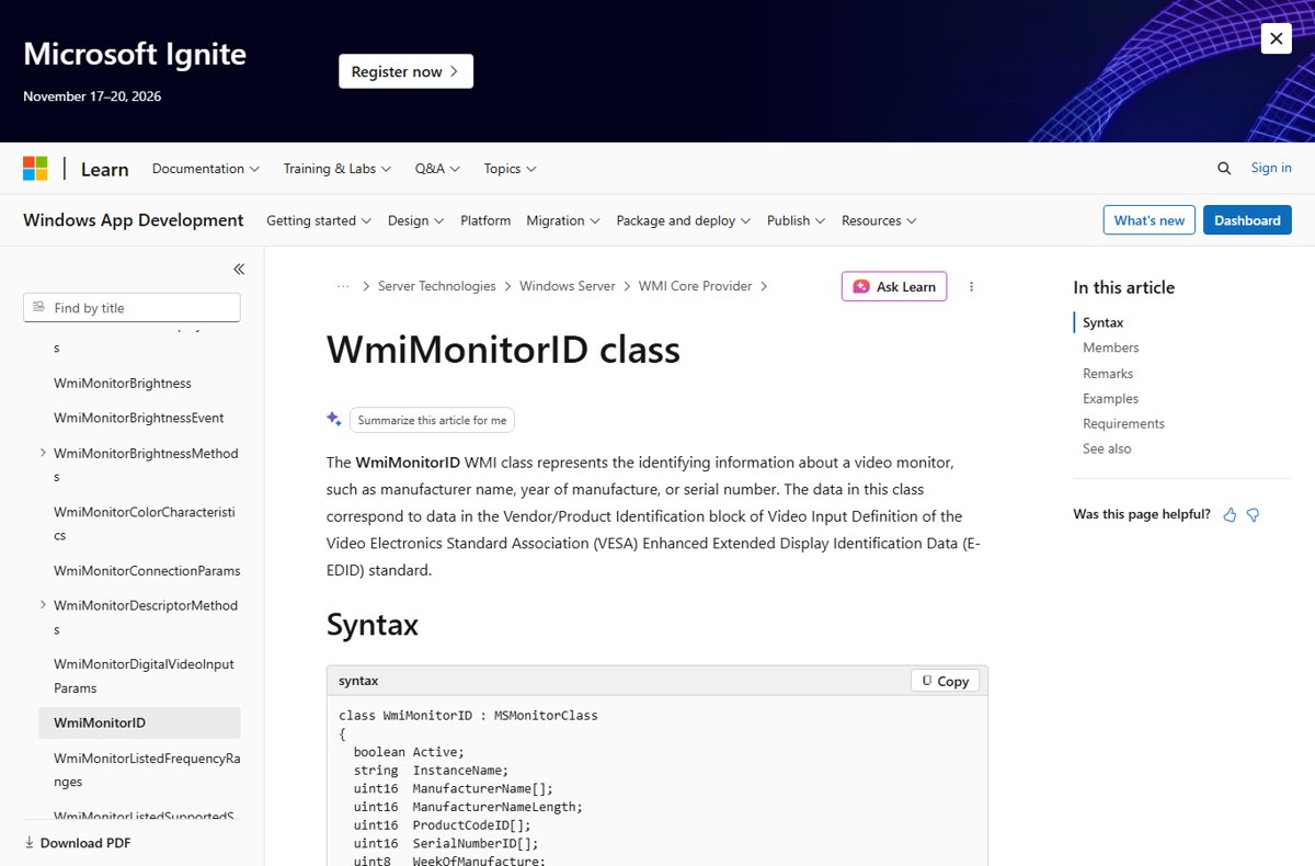 Check what monitor you have with PowerShell and the WmiMonitorID class