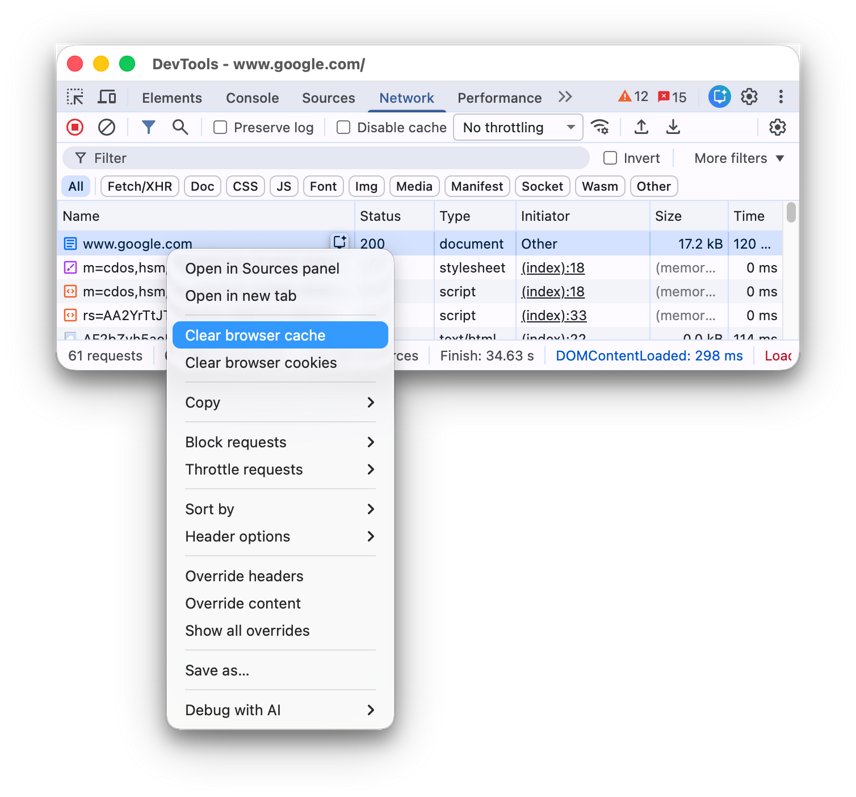 Chrome DevTools Network tab context menu with Clear browser cache highlighted