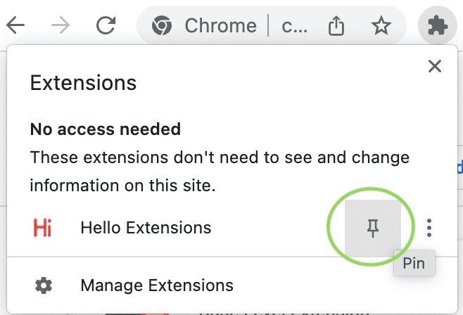 Chrome Extensions menu with the Pin button beside an extension