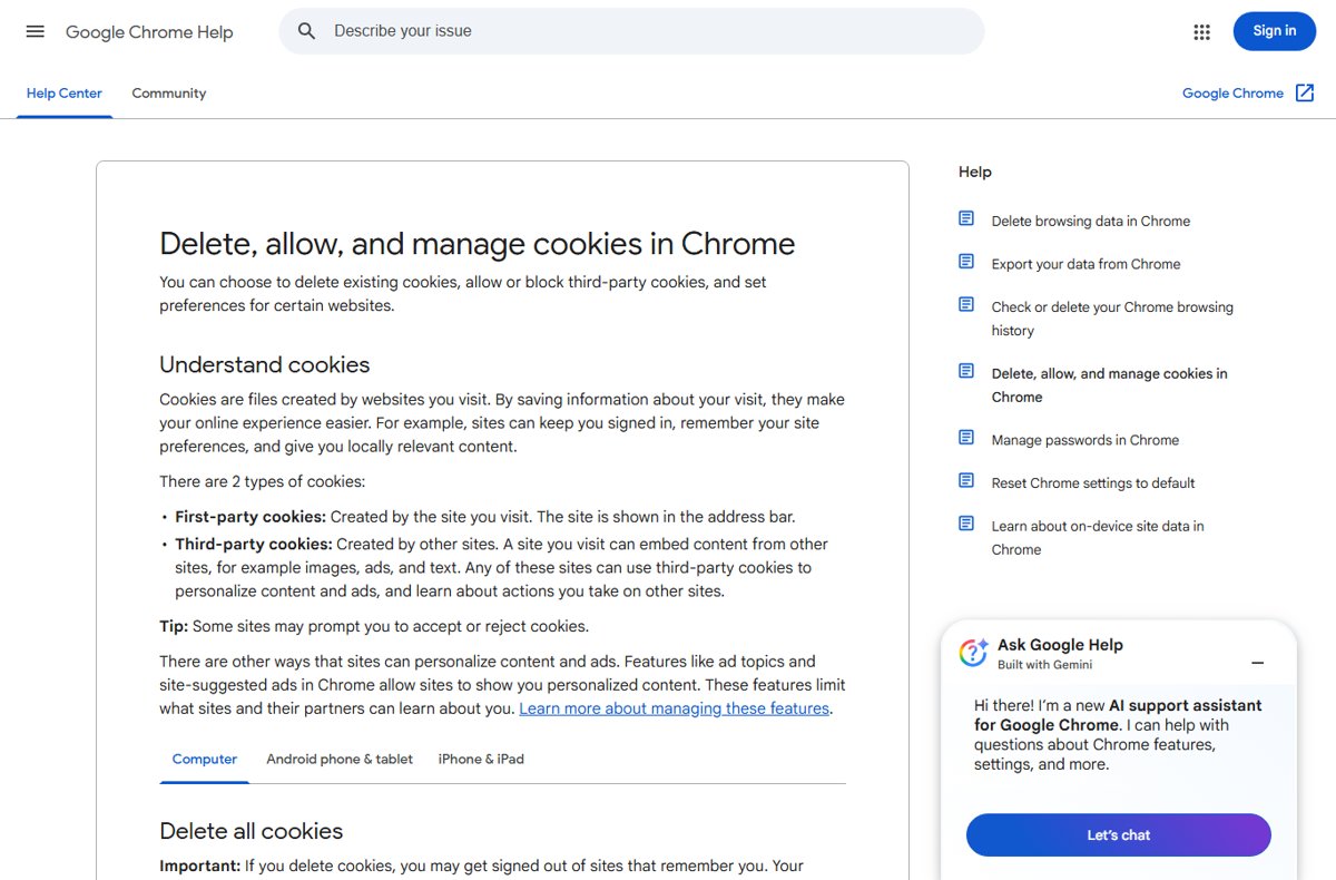 Chrome Help page explaining first-party and third-party cookies