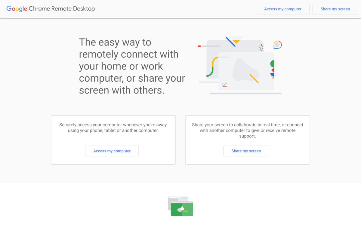 Chrome Remote Desktop homepage with Access my computer and Share my screen buttons