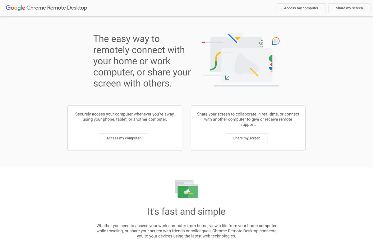 Google remote access home page with Access my computer and Share my screen