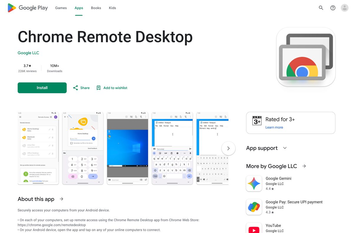 Google Play listing for the Chrome Remote Desktop Android app