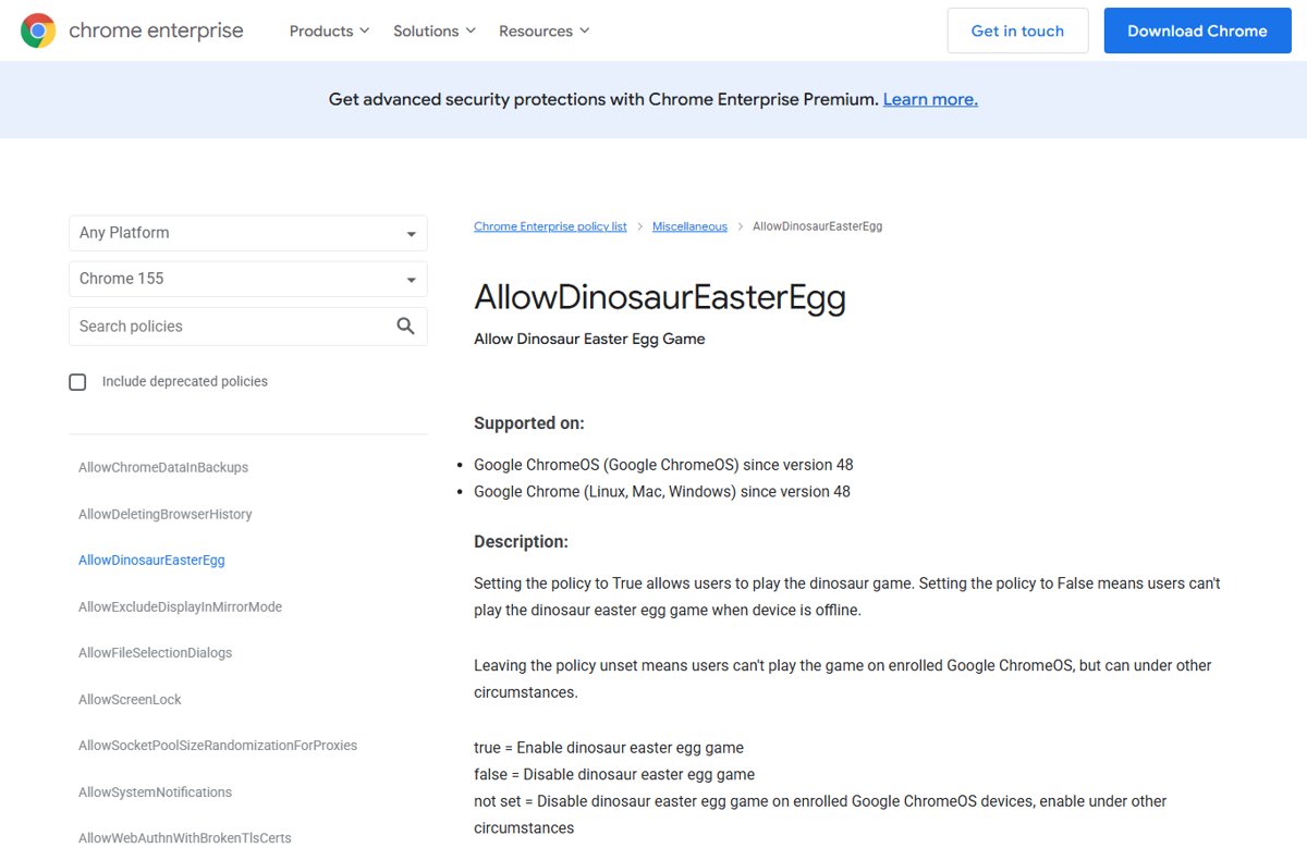 Chrome dino game AllowDinosaurEasterEgg policy page with supported versions and values