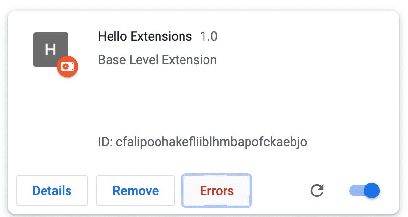 Chrome extension card showing the red Errors button next to Remove
