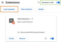 Chrome extensions page with Developer mode on and Load unpacked button highlighted