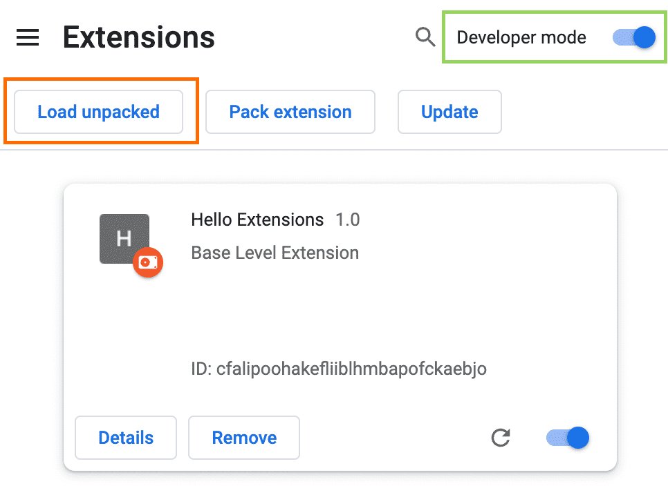 Chrome extensions page with Developer mode on and Load unpacked button highlighted
