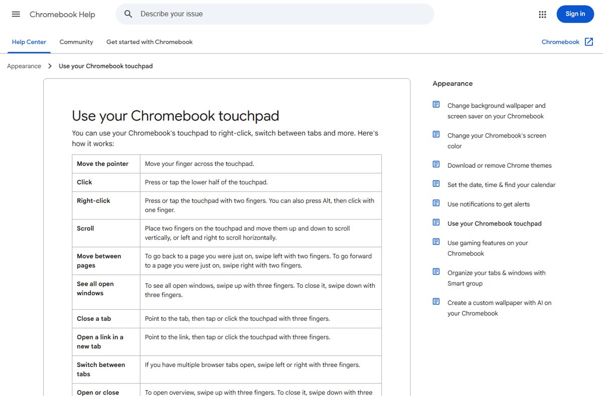 Chromebook Help touchpad gestures table listing click, right-click and scroll