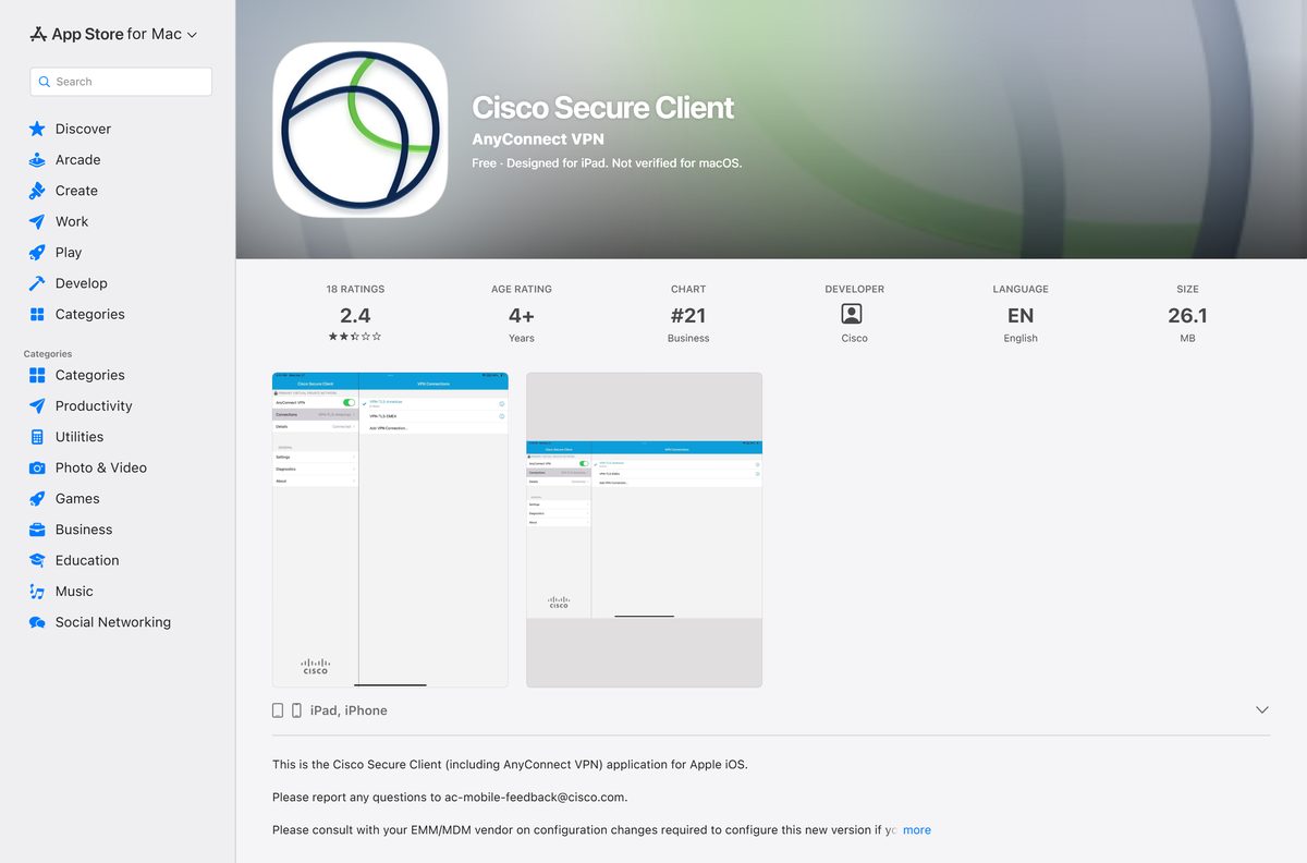 App Store listing for Cisco Secure Client with its size and seller