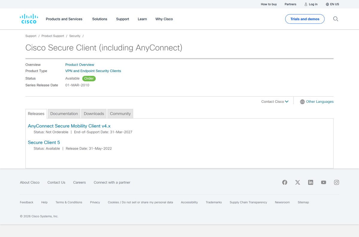 Cisco Secure Client support page with its Download Software link