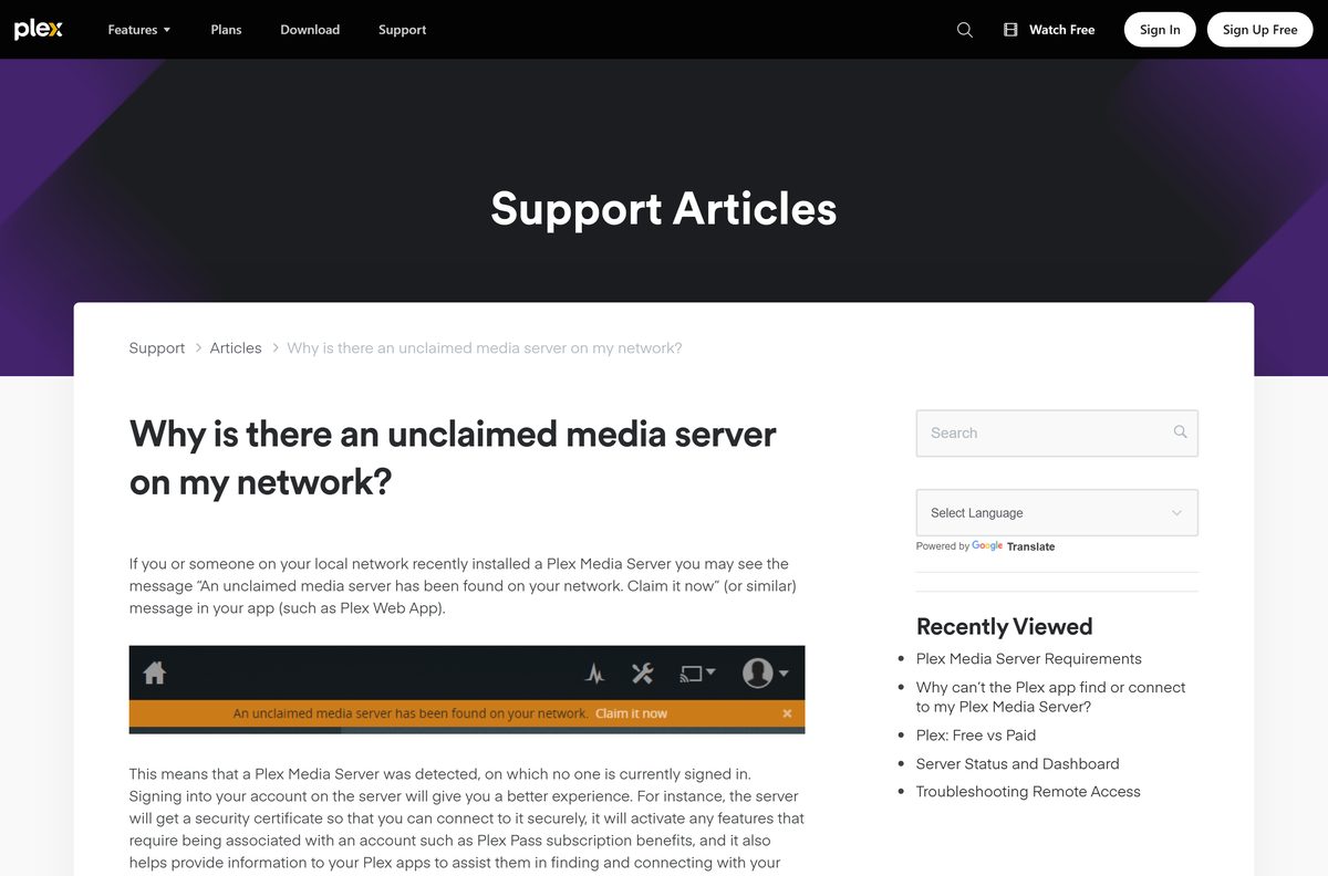 Plex support page explaining the unclaimed server notice and claim link