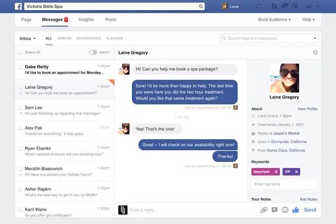 Classic Facebook Page Messages tab with an inbox of customer conversations
