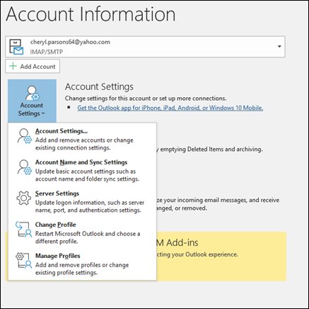 Classic Outlook Account Settings menu listing Server Settings