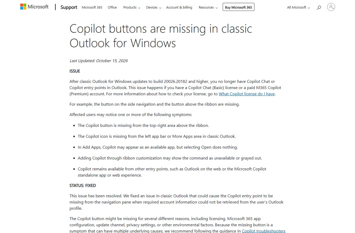 Classic Outlook Copilot Buttons Fixed for Basic License Users