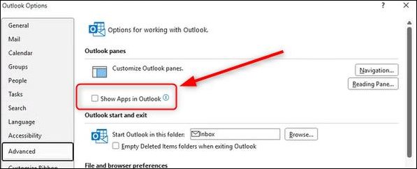 Classic Outlook Copilot button missing: Show Apps in Outlook under Advanced options