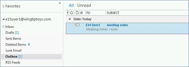 Classic Outlook Folder pane with the Outbox selected under the account