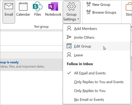 Classic Outlook Group Settings menu with Add Members at the top