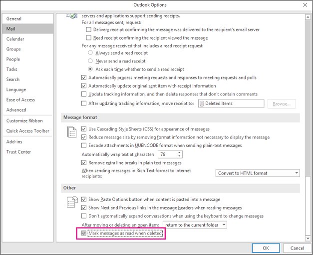 Classic Outlook Options Mail page with delivery and read receipt tracking checkboxes