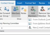 Classic Outlook contact group ribbon with the Add Members menu open