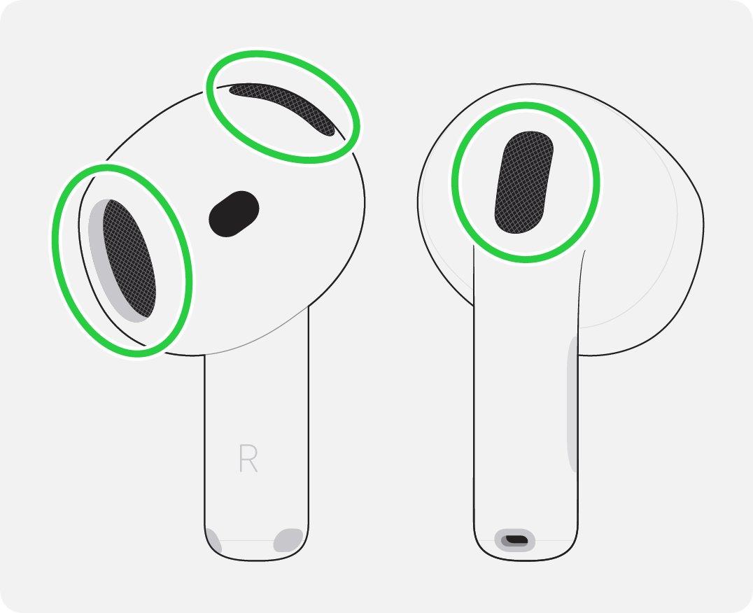 Clean AirPods speaker mesh and microphone grilles marked on both earbuds