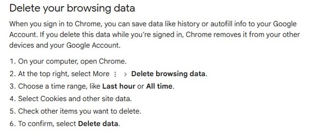 Clear browser cache and cookies in Chrome with Delete browsing data steps