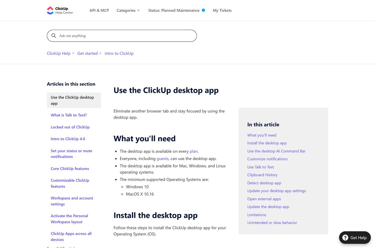 Help Center article on installing the ClickUp desktop app