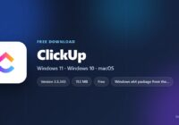 ClickUp logo with version, download size and supported systems
