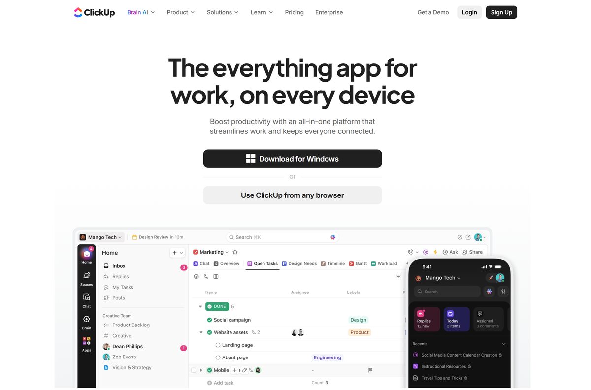 ClickUp download page with Windows, Mac, Linux and mobile buttons