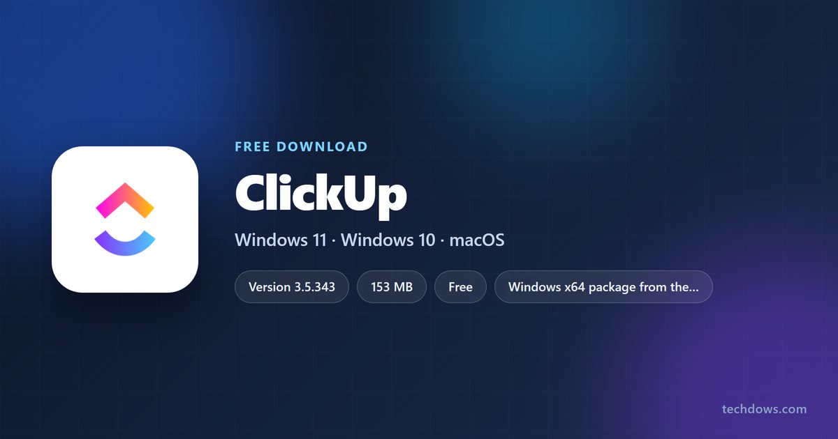 ClickUp logo with version, download size and supported systems