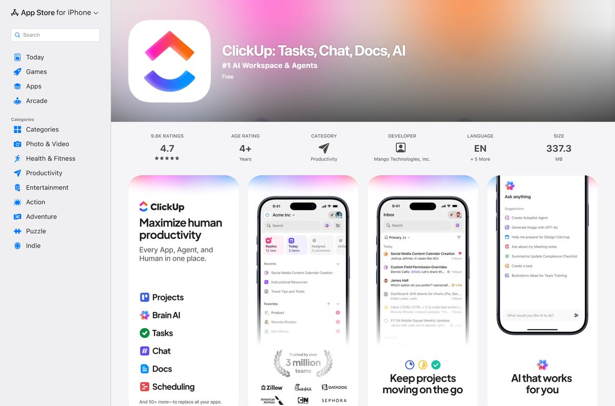 App Store listing for ClickUp with its size and rating