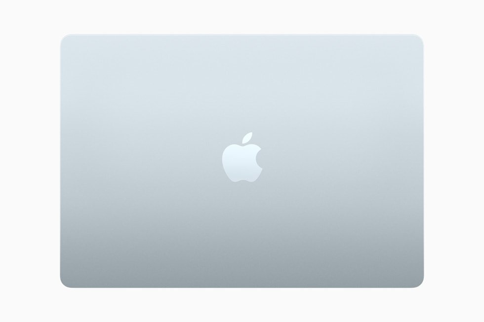 Closed MacBook Air lid in the metallic Sky Blue finish