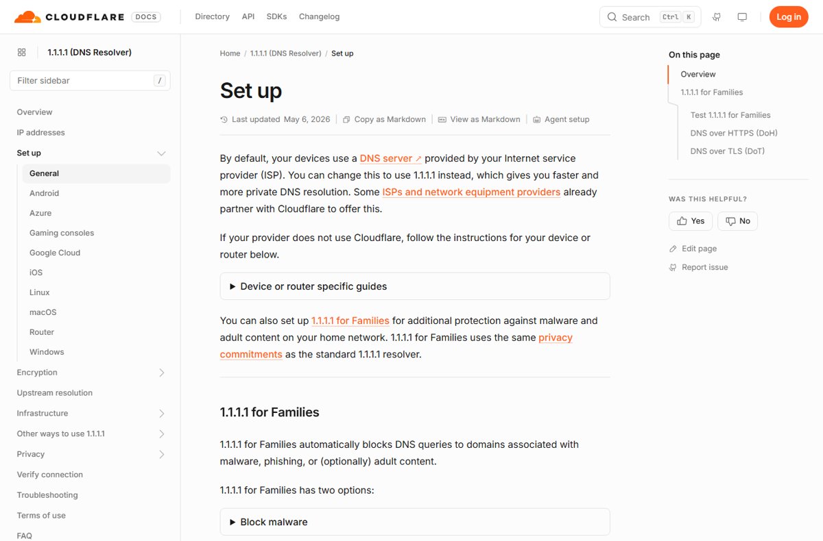 Cloudflare 1.1.1.1 resolver setup page with device guides in the sidebar
