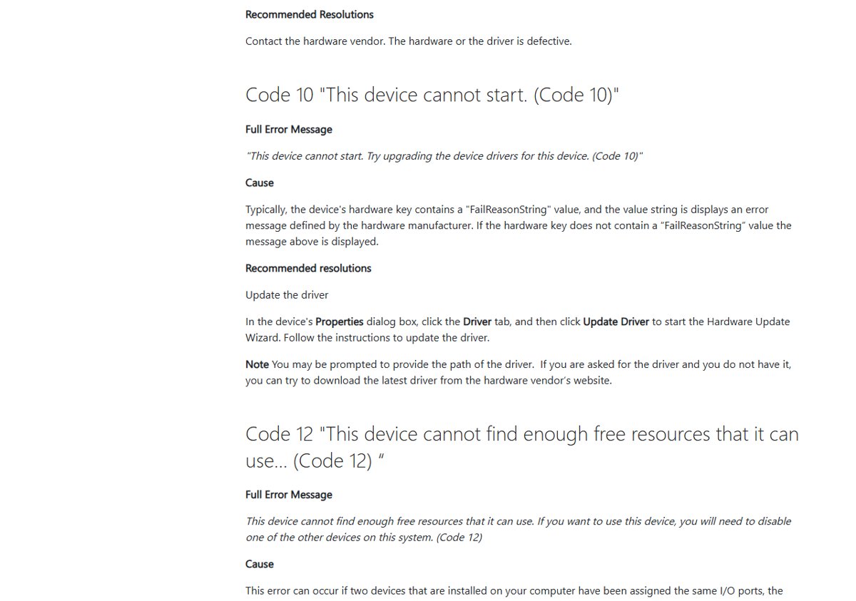 Code 10 This device cannot start entry on Microsoft's Device Manager error codes page