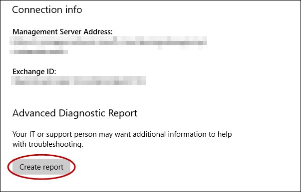 Collect MDM diagnostic logs with the Create report button in Connection info