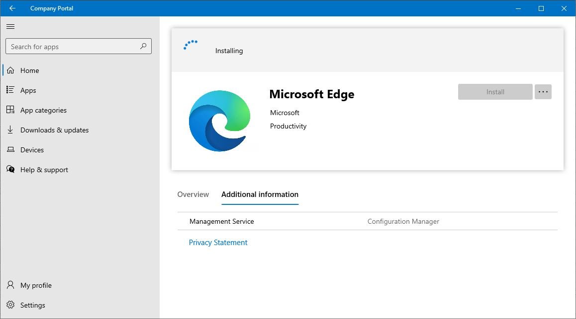 Company Portal installing a Configuration Manager app with Management Service shown